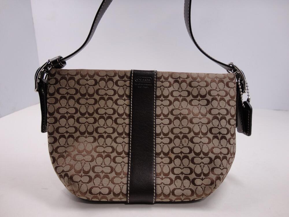 Coach Shoulder Bag Womens Small Brown Signature Canvas Leather Zip Purse